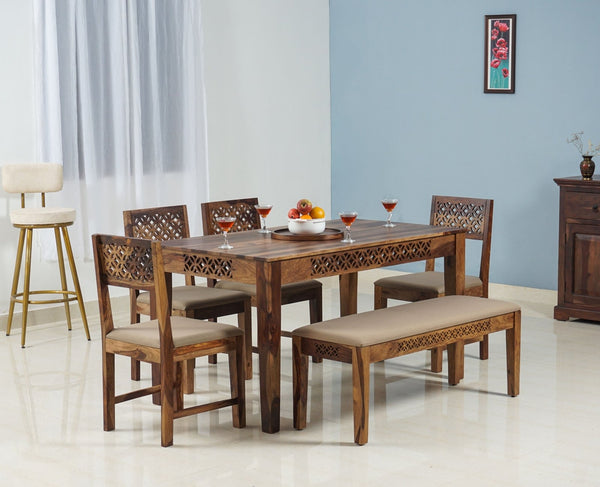 Frankfurt Sheesham Wood 6 Seater Dining Table Set with 4 Chair 1 Bench for Dining Room