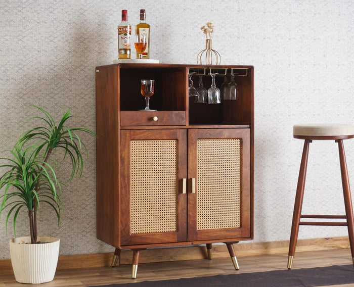 Boston Solid Wood Rattan Cane Bar Cabinet with Glass Holder Storage - Bar Cabinet - Furniselan