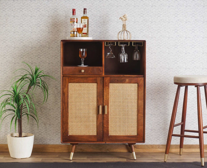 Boston Solid Wood Rattan Cane Bar Cabinet with Glass Holder Storage Furniselan