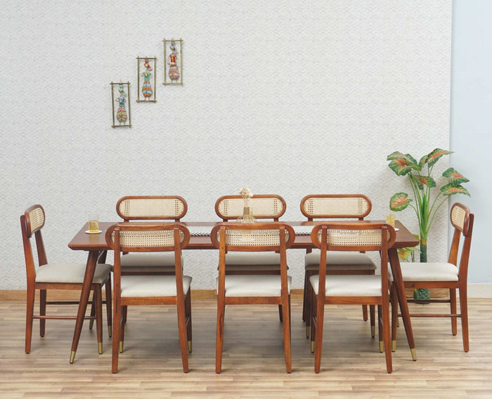 Boston Solid Wood Rattan Cane Dining Table Eight Seater Set Furniselan