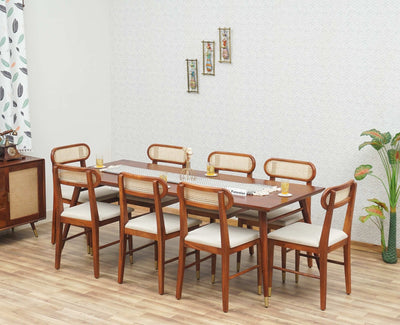 Boston Solid Wood Rattan Cane Dining Table Eight Seater Set Furniselan