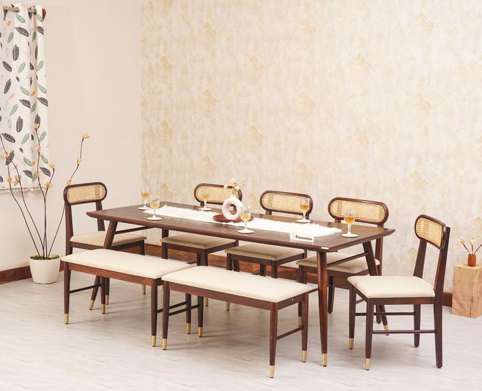 Boston Solid Wood Rattan Cane Dining Table Eight Seater Set with Bench - Dining Set - Furniselan