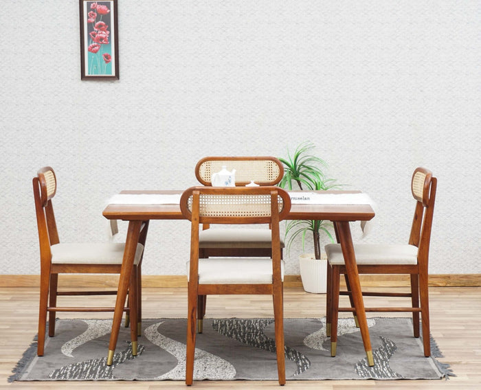 Boston Solid Wood Rattan Cane Dining Table Four Seater Set Furniselan