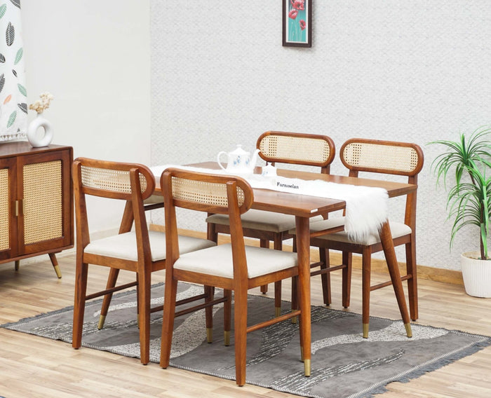 Boston Solid Wood Rattan Cane Dining Table Four Seater Set Furniselan