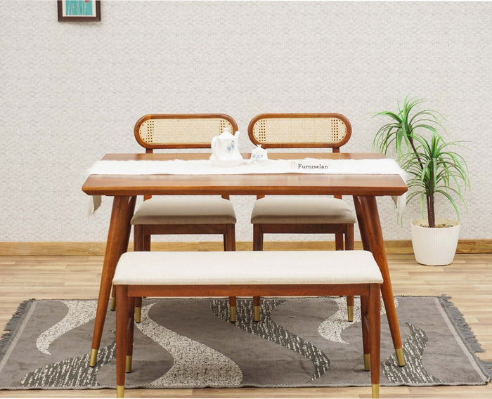 Boston Solid Wood Rattan Cane Dining Table Four Seater with Bench Furniselan