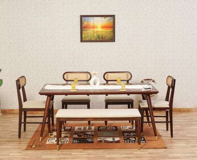 Boston Solid Wood Rattan Cane Dining Table Six Seater Set with Bench Furniselan