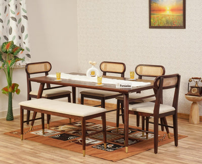 Boston Solid Wood Rattan Cane Dining Table Six Seater Set with Bench Furniselan