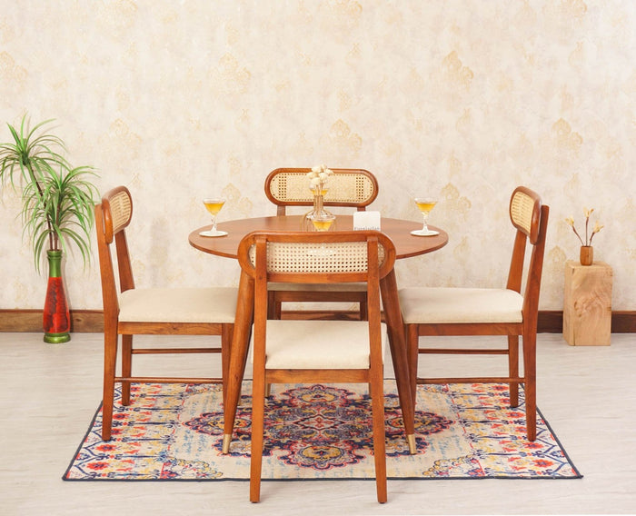 Boston Solid Wood Rattan Cane Round Dining Table Four Seater Set - Dining Set - Furniselan