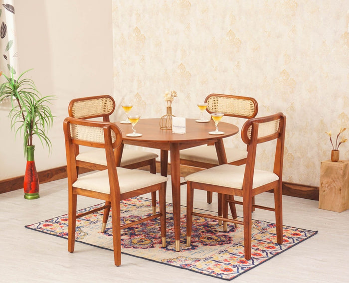 Boston Solid Wood Rattan Cane Round Dining Table Four Seater Set - Dining Set - Furniselan