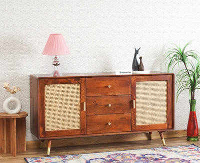 Boston Solid Wood Rattan Cane Two Door  Sideboard with three Drawers Furniselan