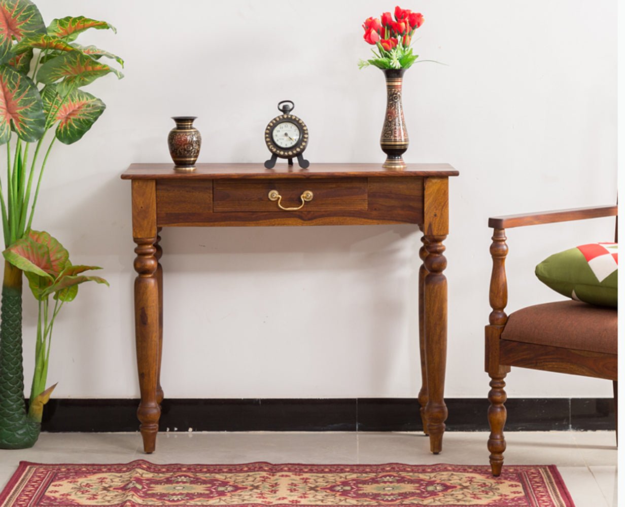 Small wood console store table with drawers