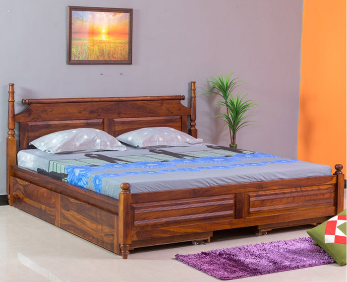 Calgary Solid Wood Queen Bed With Storage Drawers - Queen Size Bed - Furniselan